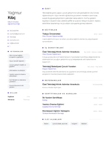 Okul Öncesi Öğretmeni Öğretmenliği Cv Örnekleri cv indir